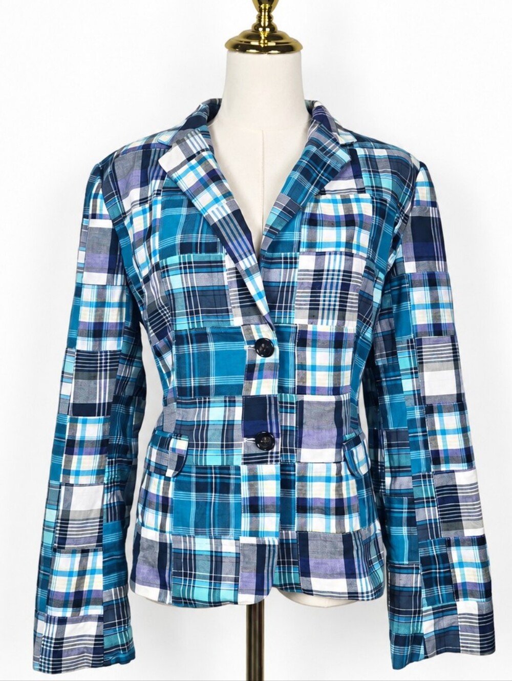 Talbots 14 Madras Patchwork Plaid Cotton Blazer Coastal Preppy Academia Jacket